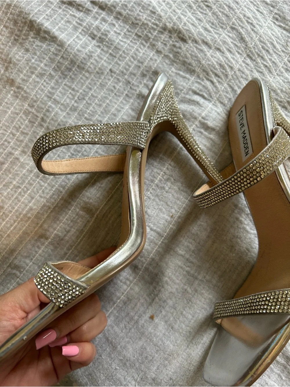 Steve Madden Vacate Silver Rhinestone Stiletto Sandals Square Toe Heels  9.5